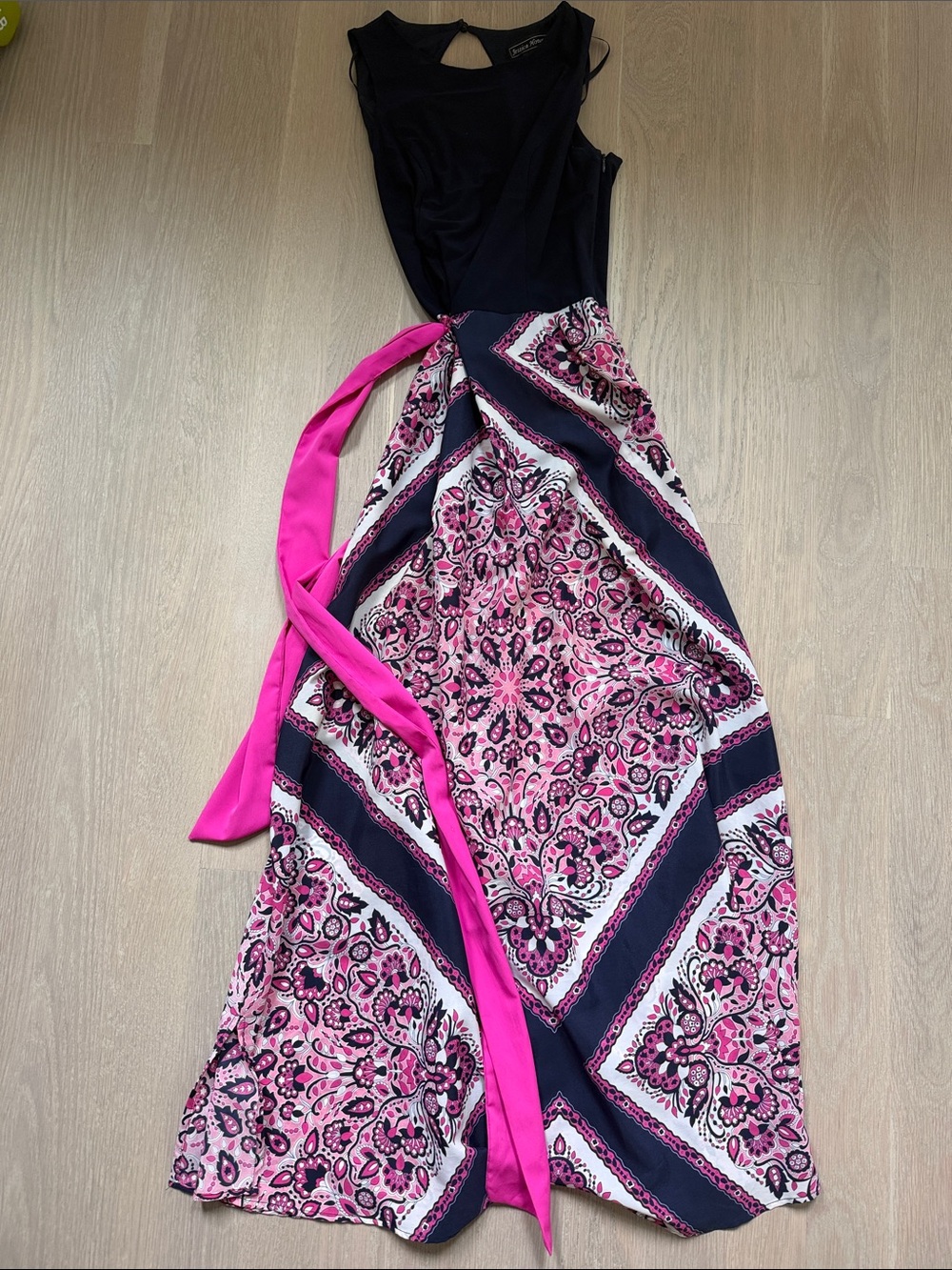 Jessica Howard Black Dress with Hot Pink Sash and Patterned Skirt
